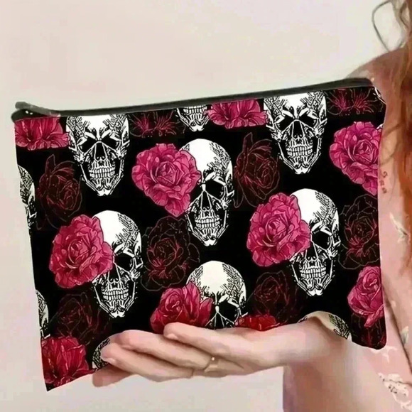 Skulls And Flowers Pattern Cosmetic Bag Makeup Bag - Picture 1 of 6